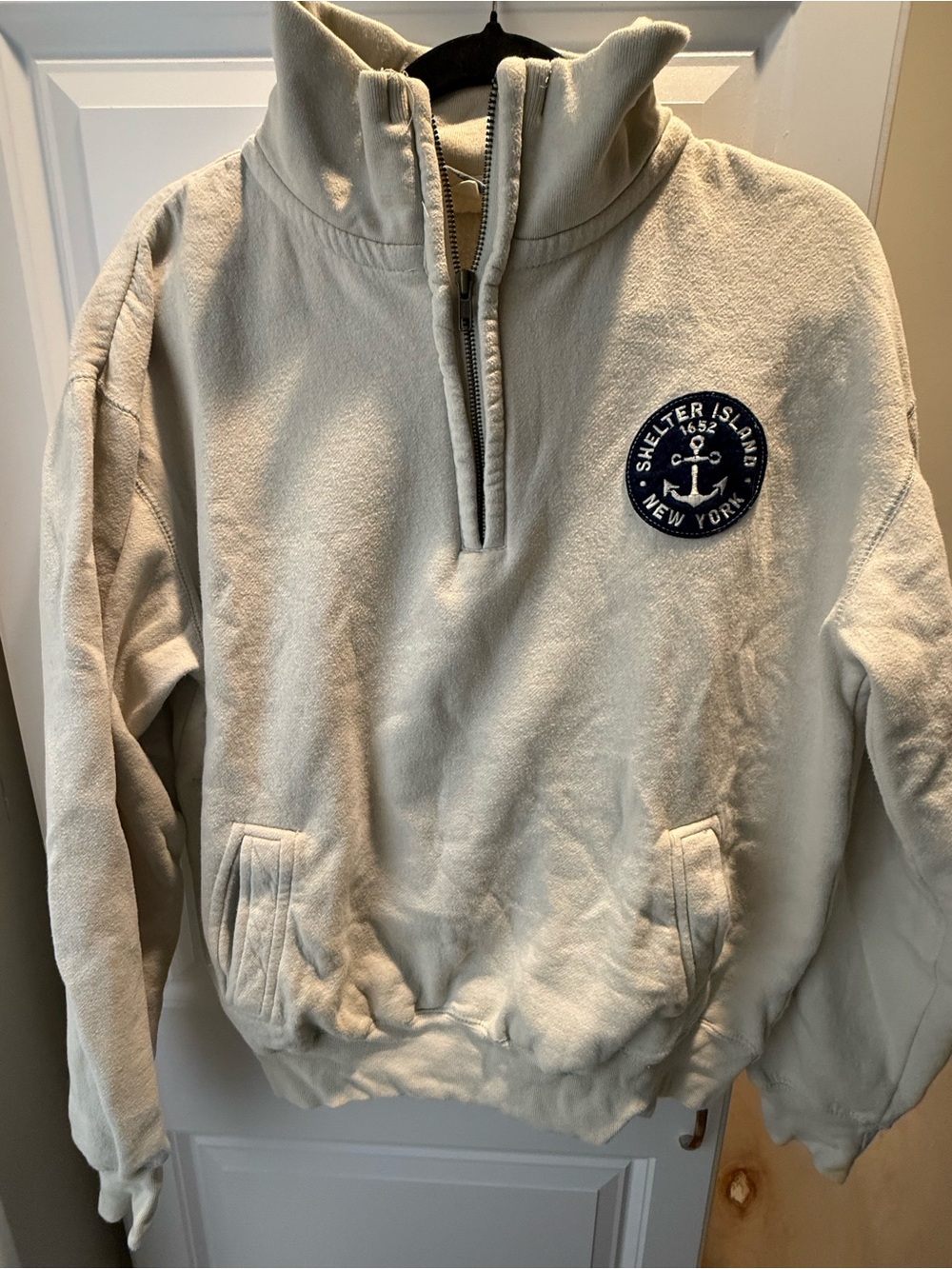 Shelter Island NY Half-Zip Pullover Sweatshirt - Light Beige with Navy Patch
